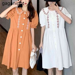 Vrouwen zomerjurk elegante bladerdeeg mouw preppy stijl shirt mode oranje witte vrouwelijke knie-lengte midi es 210601