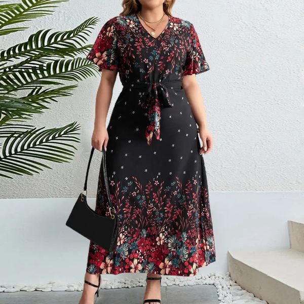 Femmes Robe d'été Fleur Imprimé à manches courtes à manches Aline Laceup ceinturée serrée plus taille de la cheville V Pêpure de cou Neck Prom max 240422