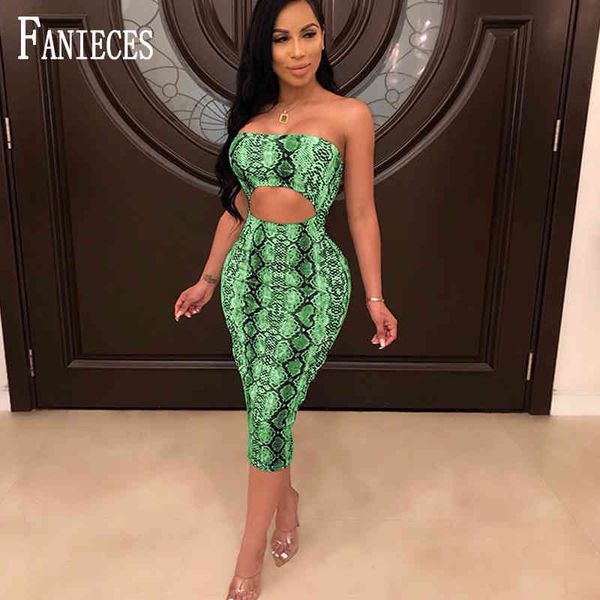 Mujeres vestido de verano paquete hip midi sexy club leopardo serpiente patrón estampado sin tirantes delgado bodycon vestidos vestidos robe femme 210520