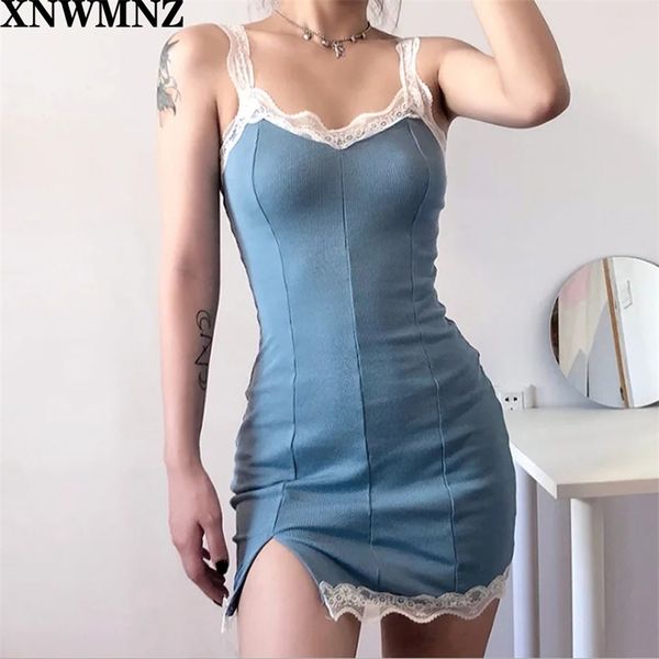 Vestido de verano para mujer, Vestidos con tirantes finos, tela acanalada, abertura de encaje, vestido de niña dulce con cuello en V, Mini Vestidos de moda 210520