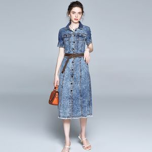 Femmes Été Élégante Denim Robe à manches courtes Bureau Chic Femme Vintage Designer Runway Vestidos 210520