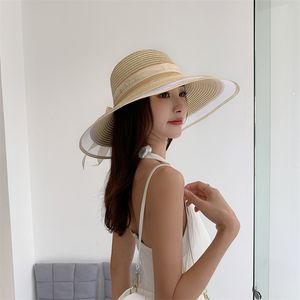 Sombreros de malla elegantes de verano para mujer, sombrero de cubo de ala redonda empalmado, gorras de paja para vacaciones en la playa