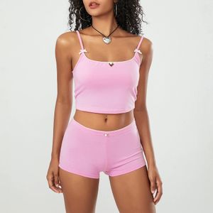 Vrouwen Zomer Fee Coquette Sexy 2 Delige Set Kawaii Spaghetti Holle Bloem Camis Crop TopsShorts Club Party Outfits 240315