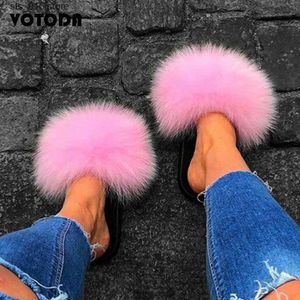 Vrouwen Zomer Fashion Furry Flip Flops Real Fox Fur Slides Ladies Fluffy Slippers Casual Soft Fuzzy geweldige vrouwelijke schoenen T230828 9FFE1