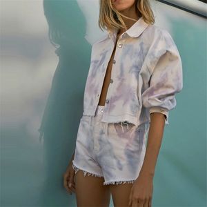 Dames Zomer Mode Tie Dye Pakken 2-delige Sets Denim Jassen Jassen en Shorts Vrouwelijke Casual Street Two-Pieces Set Kleding 210513