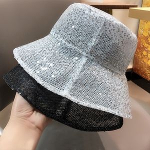 Vrouwen Zomer Hoed Mode Zijde Sequin Emmer Hoed Brede Bravel Sun Cap Dames Cap Ademend Packable Sun Protective Beach Hat C0306 Y0910