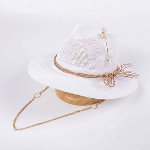 Vrouwen zomer hoed brede rand broche panama hoed ketting riem fedora hoed bowknot strand hoeden zon hoeden 240528