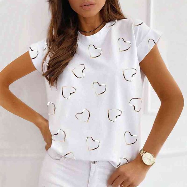 Femmes Summer Heart imprimées Blans Casual Short Round Round Neck Shirts Y2K Girls Ladies Streetwear Tops L220706