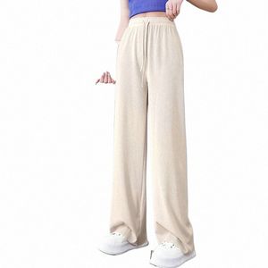 Pantalon de soie de glace d'été pour femmes Pantalon à jambes larges Pantalon à cordon Taille haute Style mince Pantalon droit Pantalon de survêtement ample coréen 23XD #