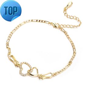 Vrouwen Zomer Sieraden 18K Geel Vergulde CZ Dubbele Harten Enkelbandje Ketting Armband voor Meisjes Vrouwen voor Bruiloft