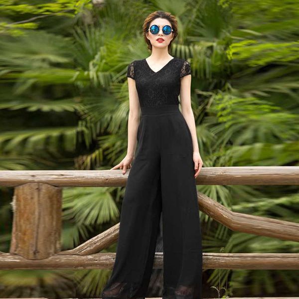 Mono de verano para mujer, mono de fiesta de calle, mono elegante de chifón negro de longitud completa con pierna ancha, monos de encaje de talla grande 3XL 4XL 210625