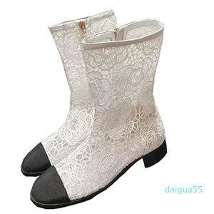 Dames Summer Lace Short Boots Runway Classic Brand Designer Top Kwaliteit Ronde Toe Chunky Heel Ankle Short Ladies Sweet Sandal Boots