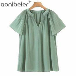 Femmes été léger plissé Blouses hauts amples à manches courtes col en v femme mince en mousseline de soie chemises tunique chemise 210604