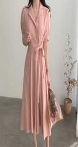 Vrouwen zomerlinnen jurk retro shirt verbanden taille kantup abrikoos roze gewaad losse kleding chic 16W1038 2105109295383