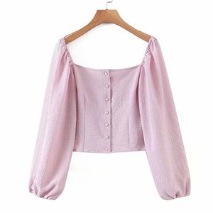 Femmes été lin solide chemises Blouses hauts manches bouffantes Slash cou femme Vintage haut tunique Blusas vêtements 210513