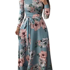 Femmes été longue robe décontracté à manches longues Boho imprimé fleuri Maxi robe col roulé pansement élégant robes de soirée Vestidos 220516