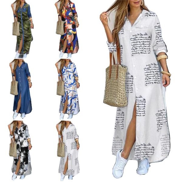 Vestidos largos de verano para mujer Vestido de camisa larga con botones para mujer Vestido de fiesta de solapa con estampado de cadena Vestido de manga larga informal Envío gratis