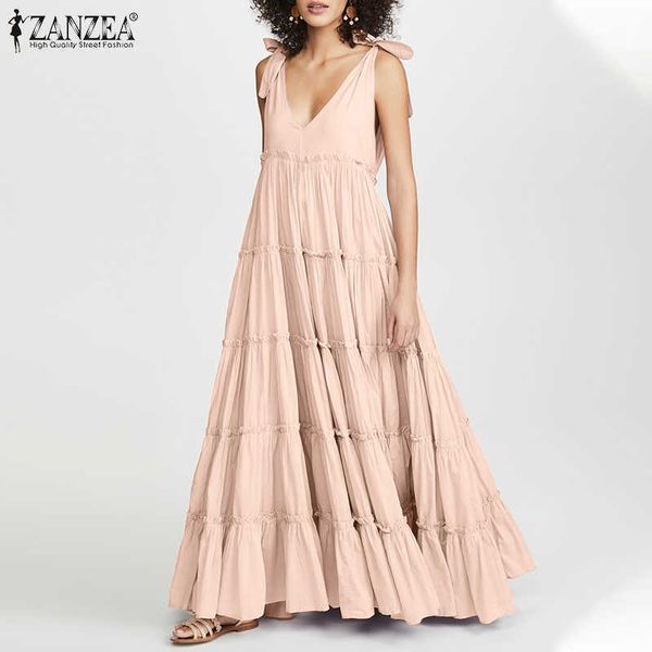 Femmes Été Maxi Longue Robe Zanzea Fashion Lace de la Col V Ruffles Sundress Sans Manches Sans Manches Casual Sarafans Vestidos7 Y0823