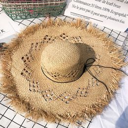 Femmes été naturel raphia chapeau de paille dames mode ruban disquette ombrage Panama large bord soleil chapeaux vacances voyage plage chapeau 220525