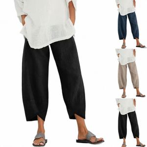 dames zomer negende broek, effen kleur midden taille losse casual broek met zakken voor meisjes, 5 kleuren, S-5XL h4jn#