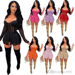 Trajes de verano para mujer, chándales, conjunto corto de 2 piezas, conjunto Sexy transparente de malla de retales con cremallera, Top corto de manga larga, traje corto