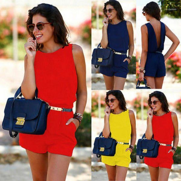 Mono de verano para mujer Bodycon Clubwear Fiesta de noche Blackless Jumpsuit Pocket Romper Pantalones Amarillo Azul Red1