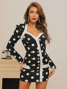 Femmes Summer Polka Dot Noir et Blanc Bandage Robe À Manches Longues Col V Boutons Moulante Club Soirée Mini Robe 210625