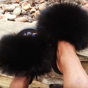 Dames Zomer Real Fox Fur Slides Antislip Pluizig Slippers Ry Dames Leuk Pluche Haar Hot 0227