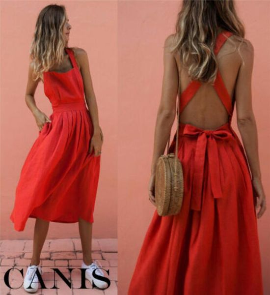 Femmes Summer Red Robe Vintage Vestidos Boho Board sans dos MIDI DADE LOBE BANDAGE ROGHE PARTIE PLACE SUR DRESSE NEW4851201