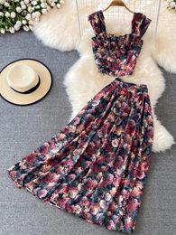 Vrouwen zomer retro bloemenprint rok set sexy mouwloze korte riem tops hoge taille geplooide rok tweedelig pakken 240411