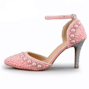 Sandalias de verano para mujer Zapatos de fiesta de boda con perlas y diamantes de imitación en punta Preciosos zapatos de novia con correas en el tobillo Blanco Rojo y Rosa311s