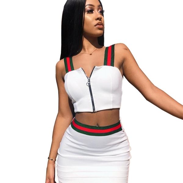 Femmes Summer Sexy Mini Jupe à taille haute Ensemble Crop Top Creux Out Two Piece Tenues Dames Porter Saias Mulher Jupe des deux côtés 210708