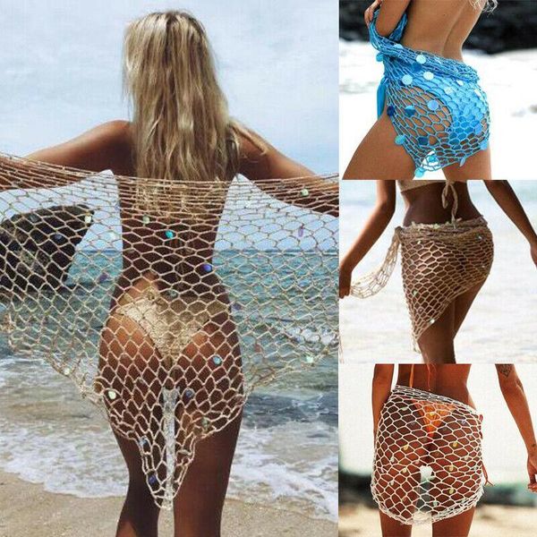 Vestido playero de red para mujer, traje de baño Sexy de red para Bikini, traje de baño de encaje de ganchillo, pareos envolventes para traje de baño