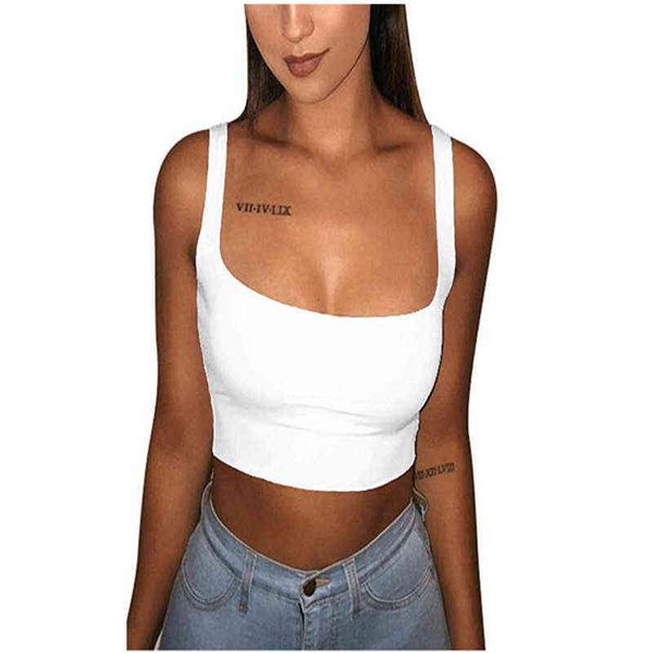 Mujeres verano sexy delgado sin mangas tanques tops midriff chaleco crop tops cortos camisetas femeninas color sólido tops recortados 2021 camisetas Y220304