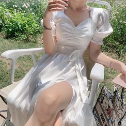 Vrouwen zomer sexy witte puff mouw slanke jurk fee