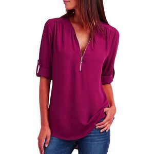 Vrouwen zomer shirt mode v-hals chiffon t-shirts Casual korte mouw losse rits tops blouse nieuw