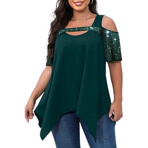 Vrouwen zomeroverhemden plus maat S-6xl korte mouw schep nek pailletten tops koude schouderbasic tee tops blouses