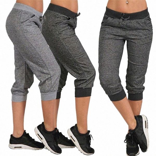 Pantalones cortos de verano para mujer, pantalones de chándal, pantalones capri, pantalones cortos para correr, pantalones sueltos, informales, con cordón en la cintura y bolsillos laterales j2Z5 #