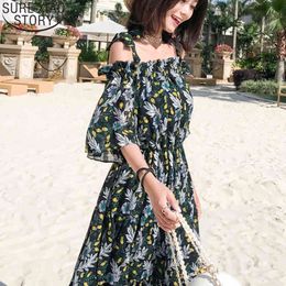 Dames Zomer Korte Mouw Chiffon Floral Print Jurk Off-Shoulder Slash Neck Losse Vakantie Strand Stijl Vestido 10177 210417