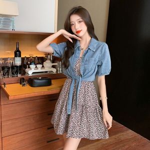 Dames Zomer Single-Breasted Korte Mouw Turn Down Collar Denim Jas + Spaghetti Band Printing Mini Dress Tweedelige Set 210514