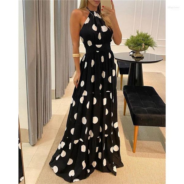 Vestido maxi sin mangas de verano para mujer Moda Estampado de leopardo Mariposa Lunares Cuello halter Sin espalda Longitud completa para damas Vestidos casuales