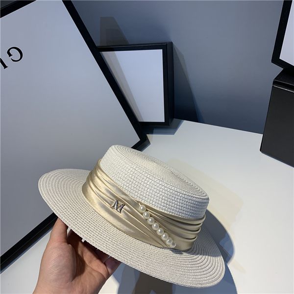 Sombreros planos sólidos de verano para mujer, sombrero de playa informal con protector solar elegante, gorras de sol con perlas pequeñas británicas