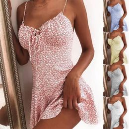 Vrouwen zomer spaghetti riemriem bloemenprint stropdas front mini jurk sexy jurk patry strand stijl all-match bloemen rok 240412