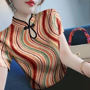 Femmes Summer Stand Collar Pullover Fashion Artistic Chinese Style Bouton Imprimé Tshirt Tshirt Brans manches polyvalentes Tops 240323