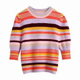 Femmes Summer Stripe Slim Pull à manches courtes tricoté O-Cou Femme Mode Sweet Elasticity Sweaters Vêtements 210513