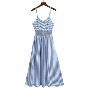 Vrouwen zomer gestreepte zoete jurk Za mouwloze knoppen elastische taille spaghetti riem vrouwelijke elegante casual jurken vestidos 210513