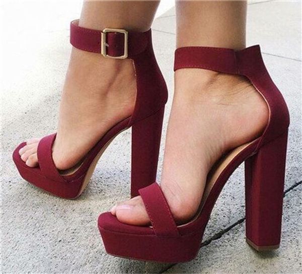 Femmes en daim d'été nouvelle plate-forme en cuir chunky cheville sangle boucle haute sandales talons chaussures robes 5
