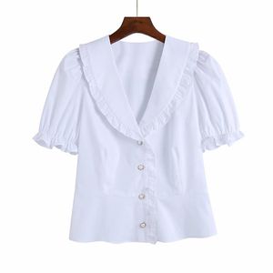 Mujeres Verano Dulce Camisas Blancas Blusas Tops ZA Manga Corta Popelín Turn-down Collar Mujer Casual Top Ropa Blusas 210513