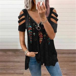 Femmes Summer T-shirt Lâche Manches courtes Hors épaule V-Cou Casual Zipper Chemises imprimées Plus Taille 210623