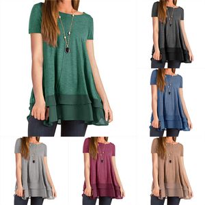 Women Summer T Shirt Short Sleeved Shirts Party Wear Solid Color T-shirt Chiffon Patchwork Top Casual Double Hem Loose Flowing Tops Cloths